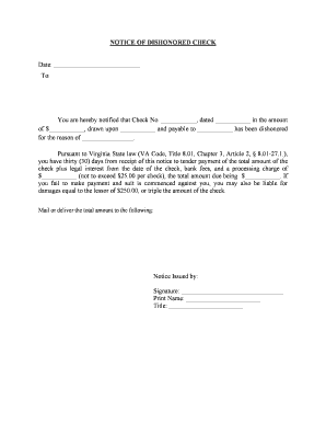 Virginia Notice of Dishonored Check Civil Keywords Bad Check, Bounced Check  Form