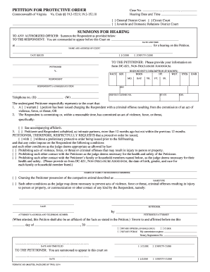 Virginia Petition for Protective Order Stalking  Form