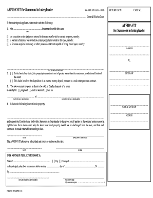 Virginia Affidavit for Summons in Interpleader  Form