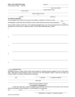 Virginia Bill of Particulars  Form