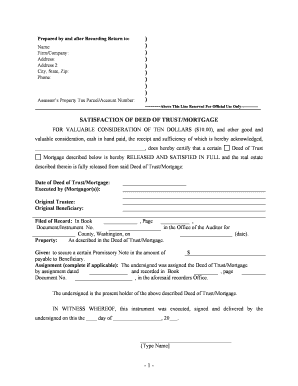 Washington Satisfaction, Release or Cancellation of Deed of Trust by Individual  Form