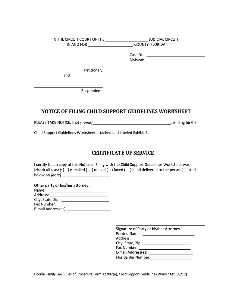 Florida Rules of Procedure Form 12 902e, Child Support Guidelines