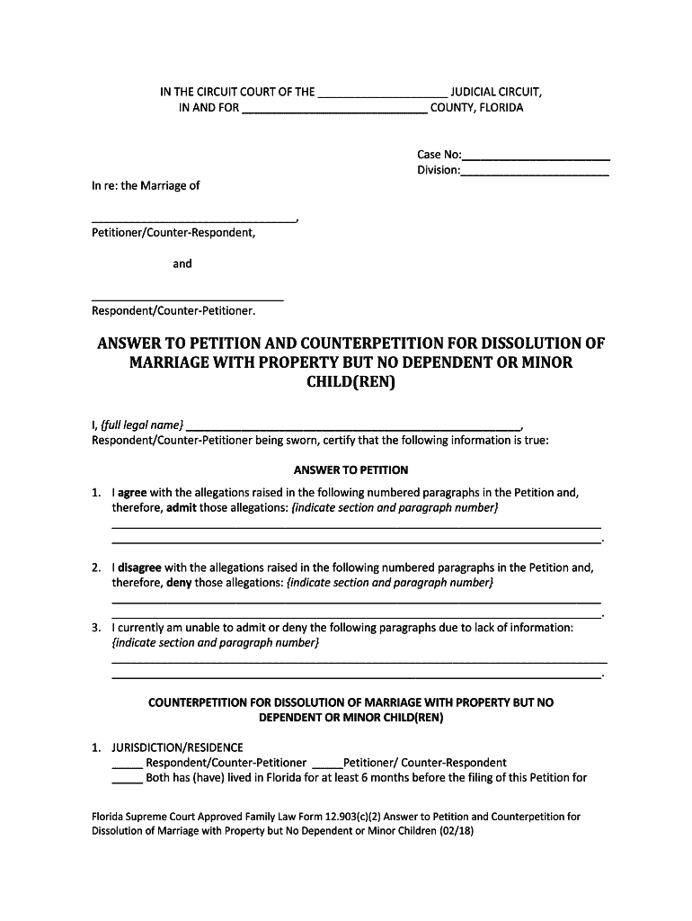 Florida Supreme Court Approved Family Law Form 12 903c2, Answer to Petition and Counterpetition for Dissolution of Marriage with