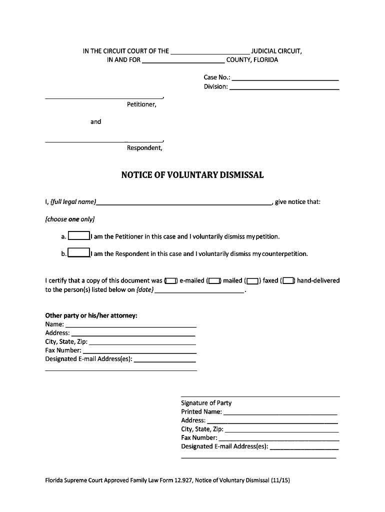 Florida Supreme Court Approved Family Law Form 12 927, Notice of