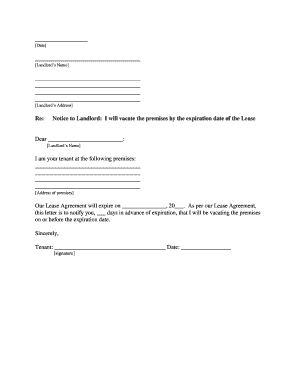 Georgia Letter from Tenant to Landlord for 30 Day Notice to Landlord that Tenant Will Vacate Premises on or Prior to Expiration   Form