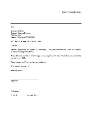 Mississippi Sample Cover Letter for Filing of LLC Articles or Certificate with Secretary of State  Form