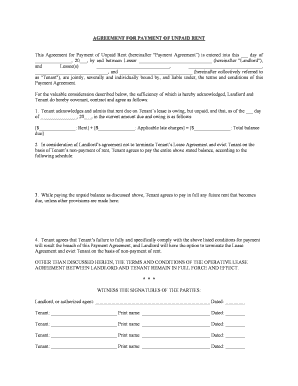 This Agreement for Payment of Unpaid Rent Hereinafter Payment Agreement is Entered into This Day of  Form