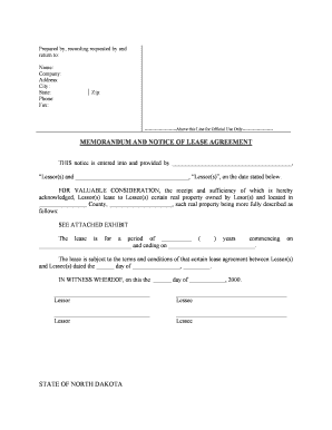 North Dakota Notice of Lease for Recording  Form