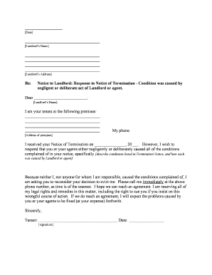 New York Letter from Tenant to Landlord Responding to Notice to Terminate for Noncompliance Noncompliant Condition Caused by Lan  Form