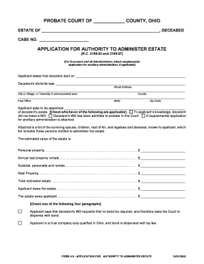Ohio Application for Authority to Administer Estate  Form