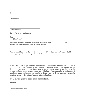 Letter Increase Rent Rental  Form