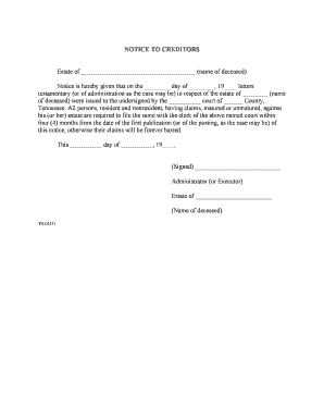 Tennessee Notice to Creditors of Estate  Form