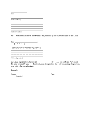 Texas Letter from Tenant to Landlord for 30 Day Notice to Landlord that Tenant Will Vacate Premises on or Prior to Expiration of  Form