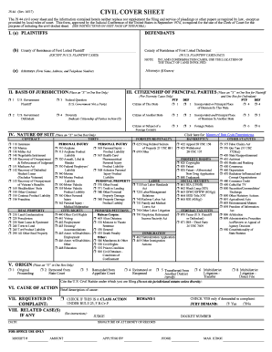 JS 44 Civil Cover Sheet Federal District Court Official Form