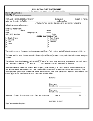 Alabama Bill of Sale for WaterCraft or Boat  Form