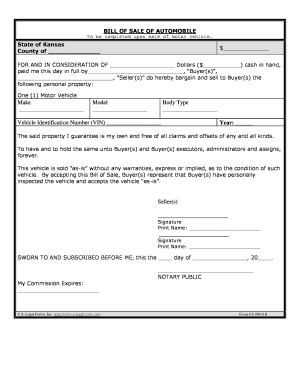 Kansas Bill of Sale of Automobile and Odometer Statement for as is Sale  Form