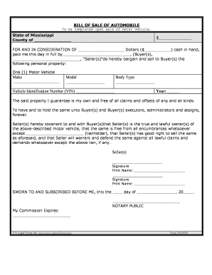 Mississippi Bill of Sale of Automobile and Odometer Statement  Form
