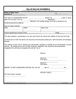 New York Bill of Sale of Automobile and Odometer Statement for as is Sale  Form