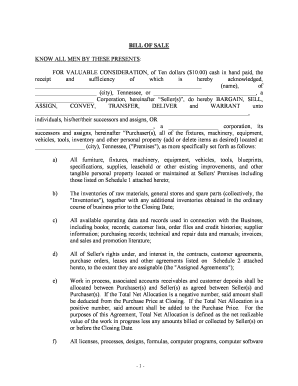 Tennessee Bill of Sale in Connection with Sale of Business by Individual or Corporate Seller  Form