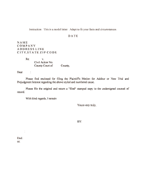 Please Find Enclosed for Filing the Plaintiff's Motion for Additur or New Trial and  Form