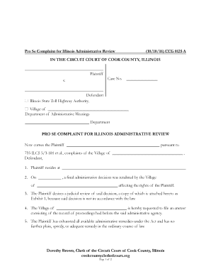 Complaint for Administrative Review Filed October 14 Village of Lisle  Form