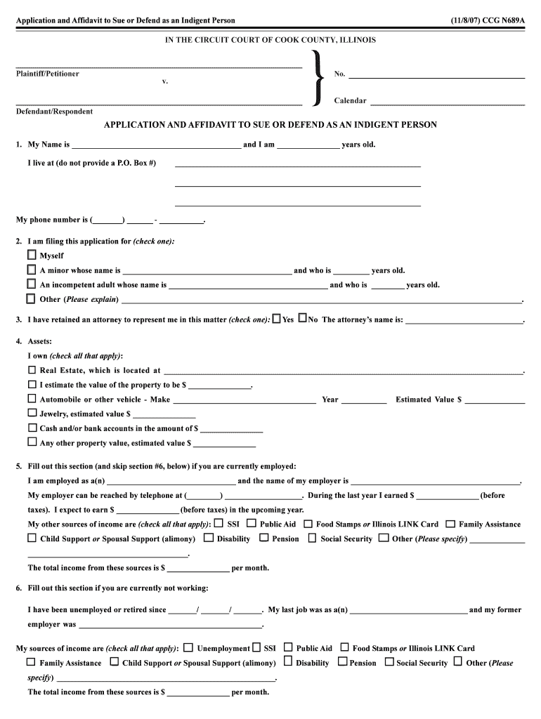 Form for Application, Affidavit and Order to Sue or Defend as