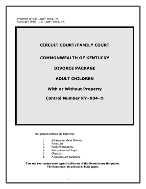 Kentucky No Fault Uncontested Agreed Divorce Package for Dissolution of Marriage with Adult Children and with or Without Propert  Form