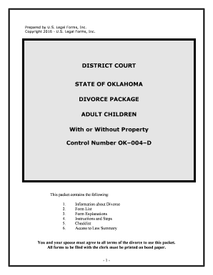Oklahoma No Fault Uncontested Agreed Divorce Package for Dissolution of Marriage with Adult Children and with or Without Propert  Form