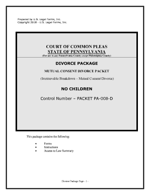 Pennsylvania No Fault Agreed Uncontested Divorce Package for Dissolution of Marriage for Persons with No Children with or Withou  Form