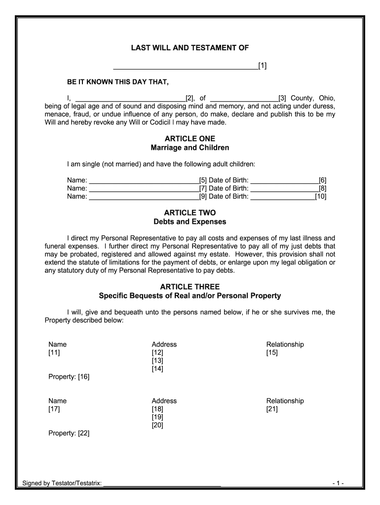 Ohio Legal Last Will and Testament Form for Single Person with Adult Children