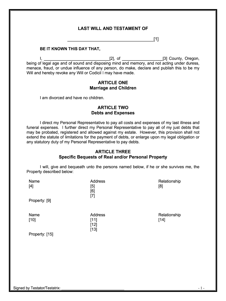 Oregon Legal Last Will and Testament Form for Divorced Person Not Remarried with No Children