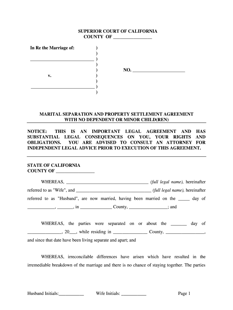 California Marital Legal Separation and Property Settlement Agreement Where No Children or No Joint Property or Debts and Divorc  Form