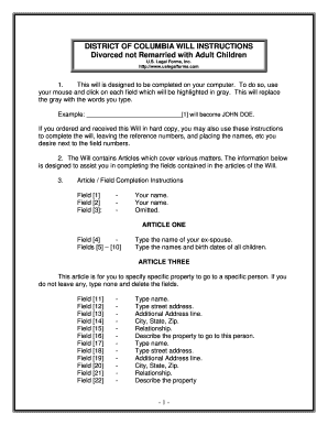 District of Columbia Legal Last Will and Testament Form for Divorced Person Not Remarried with Adult Children