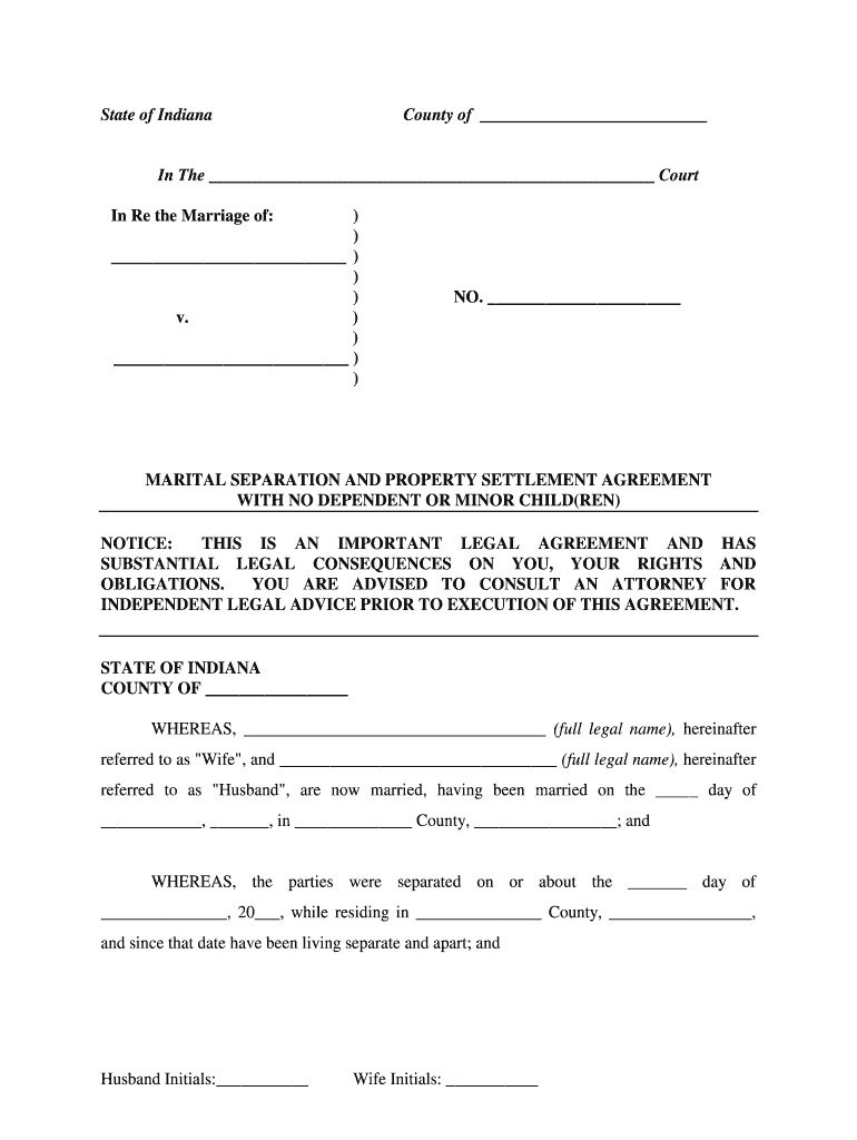 Indiana Marital Legal Separation and Property Settlement Agreement for Persons with No Children, No Joint Property or Debts Wher  Form