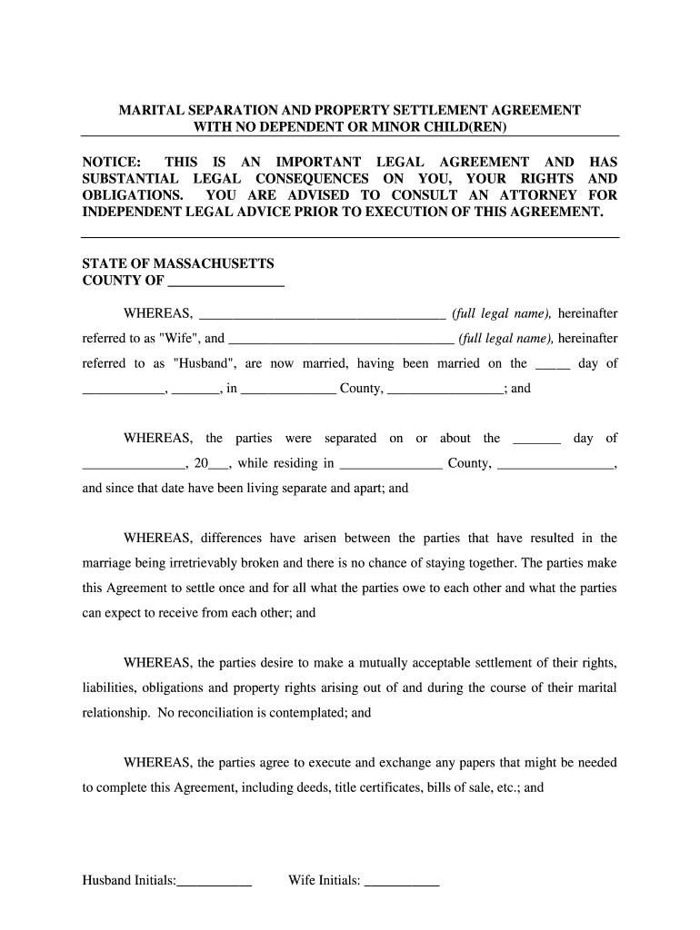 Massachusetts Marital Domestic Separation and Property Settlement Agreement for Persons with No Children, No Joint Property, or   Form