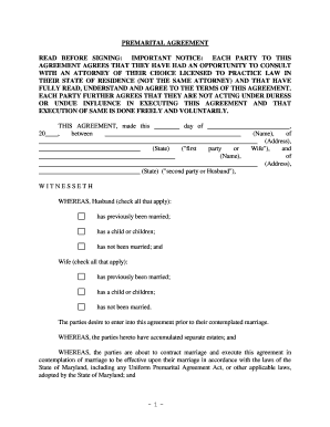 Maryland Prenuptial Agreement Form