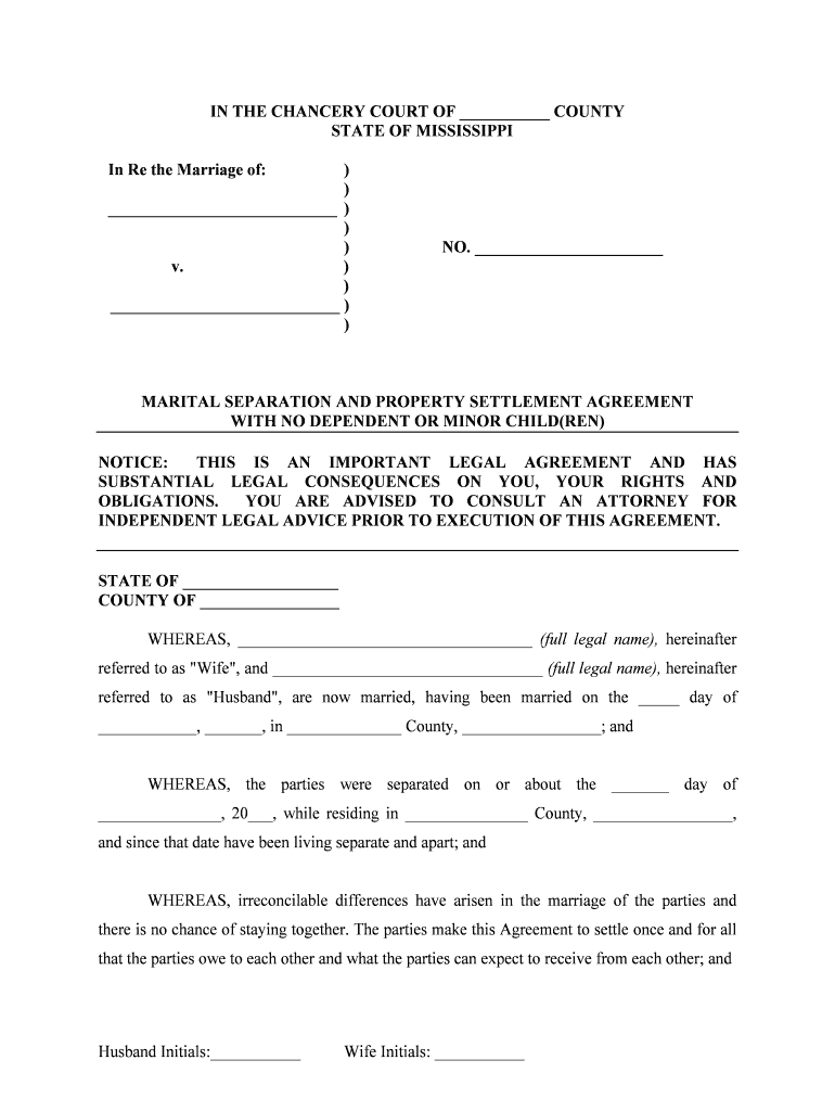 Mississippi Marital Domestic Separation and Property Settlement Agreement for Persons with No Children, No Joint Property or Deb  Form