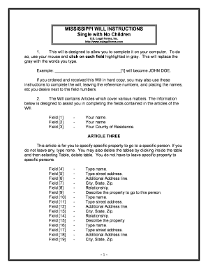 Mississippi Legal Last Will and Testament Form for Single Person with No Children