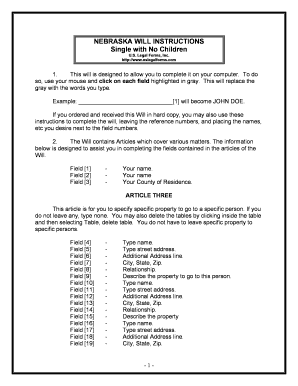 Nebraska Legal Last Will and Testament Form for Single Person with No Children