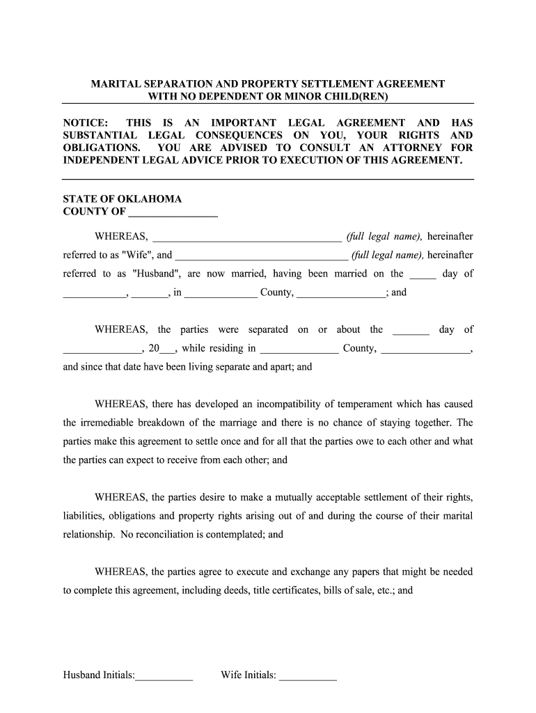 Oklahoma Marital Domestic Separation and Property Settlement Agreement for Persons with No Children, No Joint Property, or Debts  Form