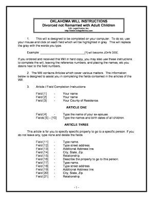 Oklahoma Legal Last Will and Testament Form for Divorced Person Not Remarried with Adult Children