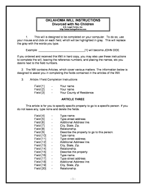 Oklahoma Legal Last Will and Testament Form for Divorced Person Not Remarried with No Children