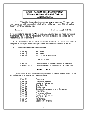 South Dakota Legal Last Will and Testament Form for a Widow or Widower with Adult Children