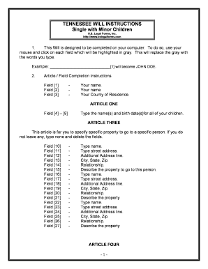 Tennessee Legal Last Will and Testament Form for a Single Person with Minor Children