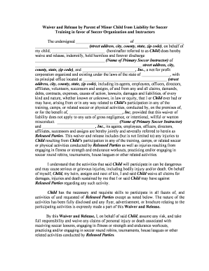 Waiver and Release by Parent of Minor Child from Liability and Personal Injury for Soccer Training in Favor of Soccer Organizati  Form