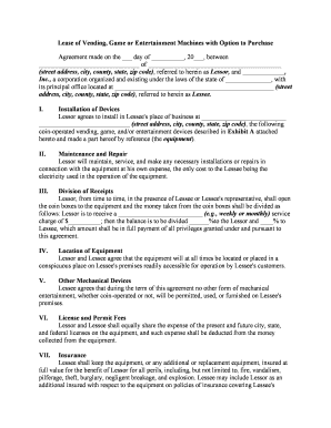 Lease or Rental Agreement of Vending, Game or Entertainment Machines with Option to Purchase and Own Lease or Rent to Own  Form