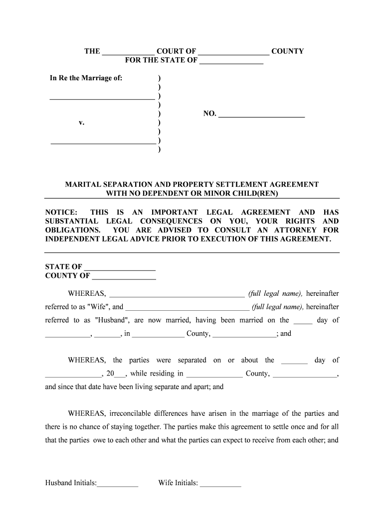 Marital Domestic Separation and Property Settlement Agreement for Persons with No Children, No Joint Property or Debts Where Div  Form