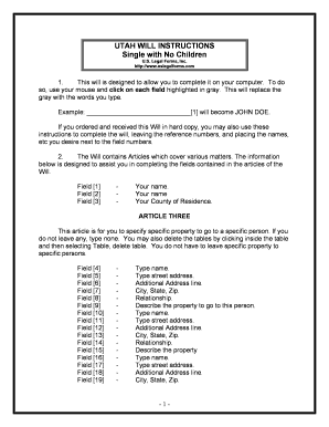 Utah Legal Last Will and Testament Form for Single Person with No Children