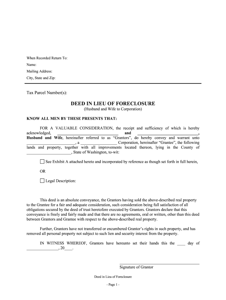 Washington Deed in Lieu of Foreclosure Husband and Wife to Corporation  Form