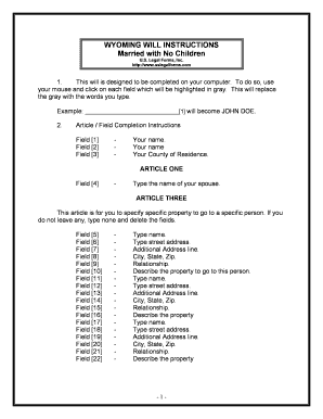 Wyoming Legal Last Will and Testament Form for a Married Person with No Children